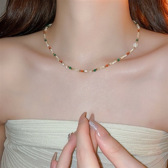 Colorful Seed Beads, Shell and Freshwater Pearl Necklace - Picture 3 of 8